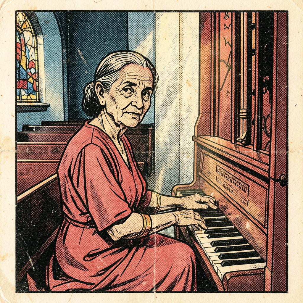 Miss Doreen D'Souza, Piano Teacher; Organist, Our Lady of Mercy Church — comic-style portrait