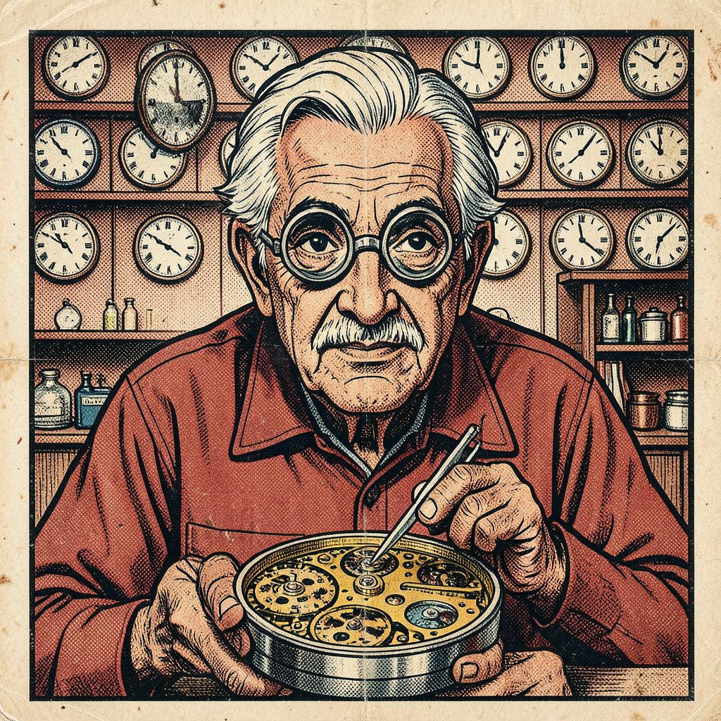 Girish Kulkarni, Watch & Clock Repairer, Stall No. 9, Old Market Arcade — comic-style portrait