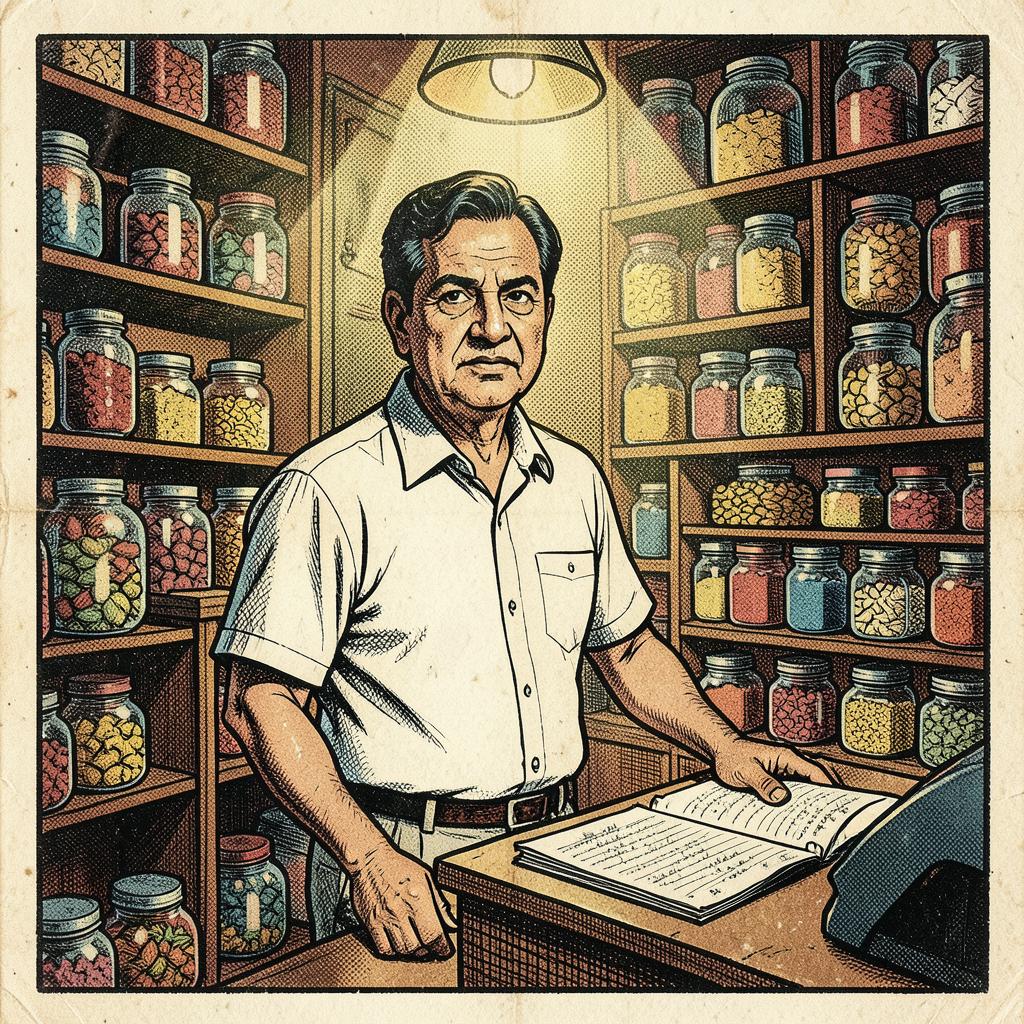 Hukum Chand Sethi, Proprietor, Sethi General Store (Est. 1971) — comic-style portrait