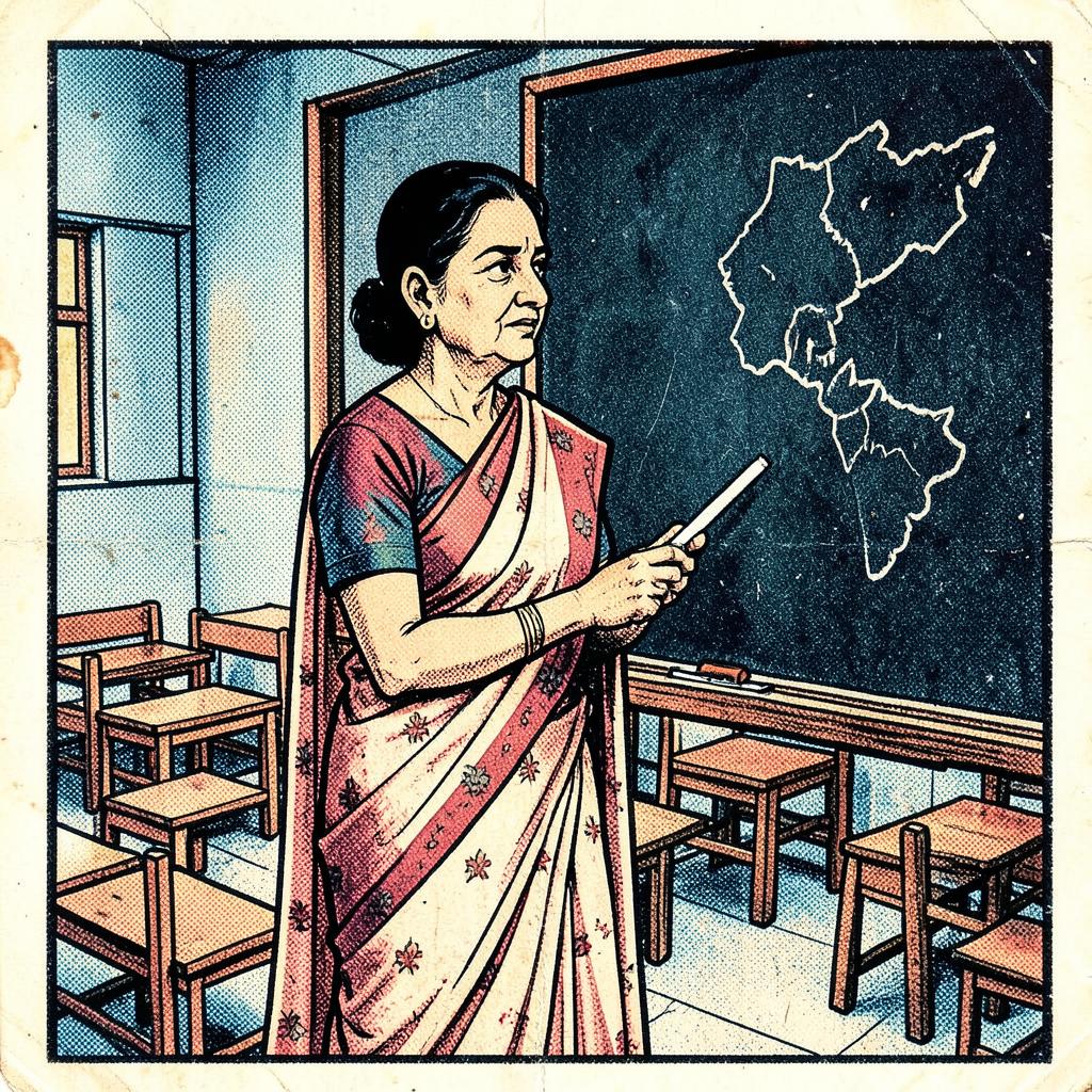 Kamala Iyer, Assistant Teacher, Class VI-B, Municipal Girls' School — comic-style portrait