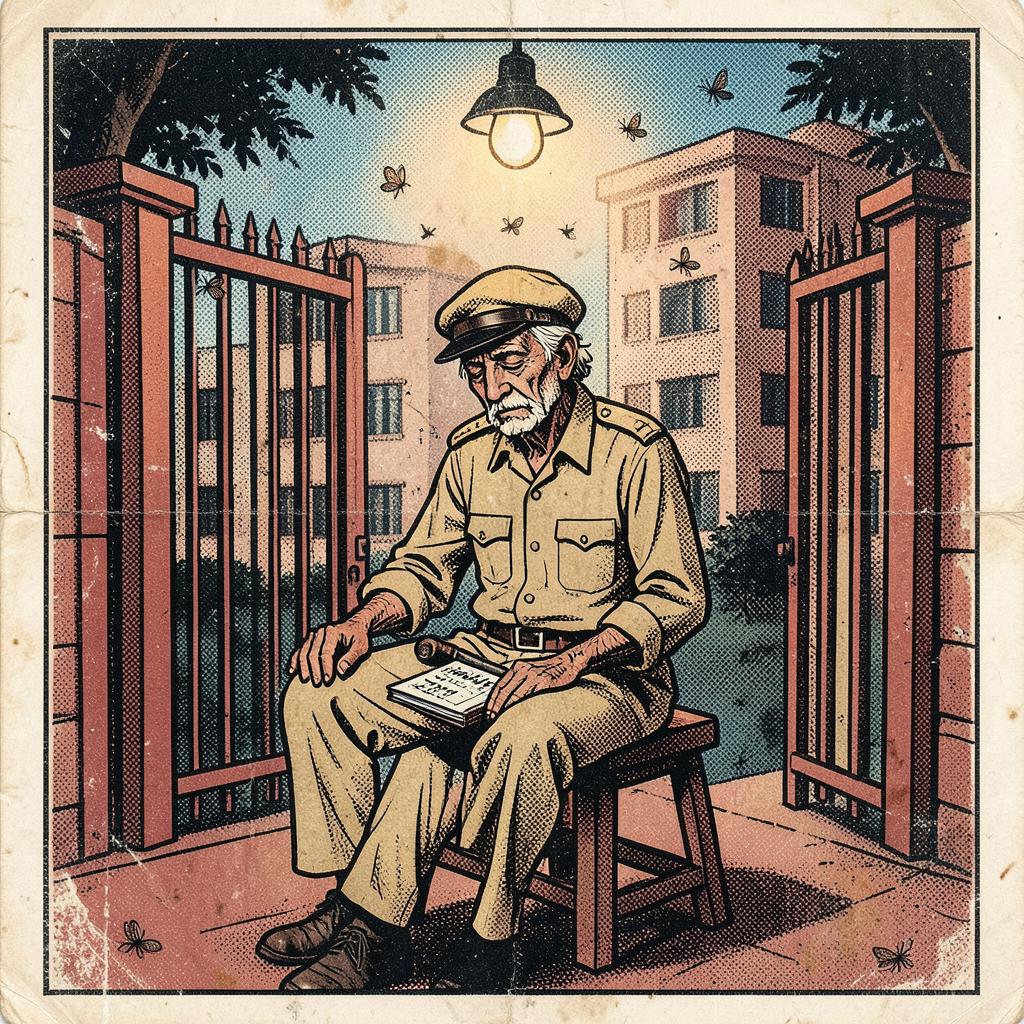 Mahadev Naik, Night-Shift Watchman, Ambika Apartments (Wing B) — comic-style portrait