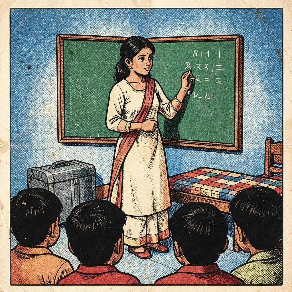Nirmala Joshi, Tuitions Taken, Std. V to VIII, Ground Floor Left — comic-style portrait