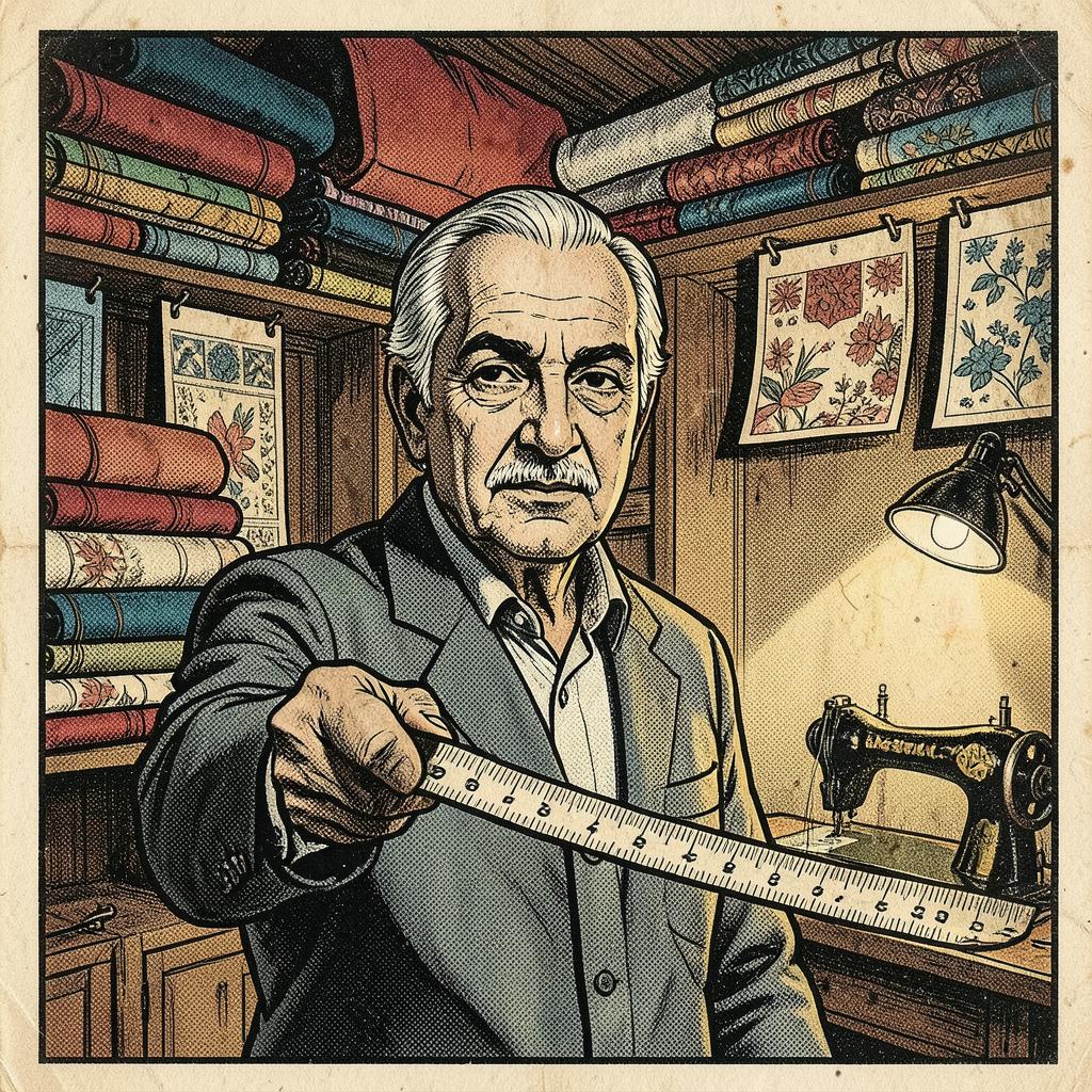 Nizam Sheikh, Master Cutter & Tailor, Nizam Gents' Tailors — comic-style portrait