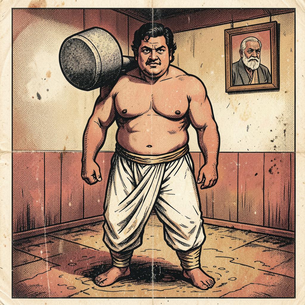 Om Prakash Yadav, Head Coach, Shakti Akhara (Est. by his father, 1968) — comic-style portrait