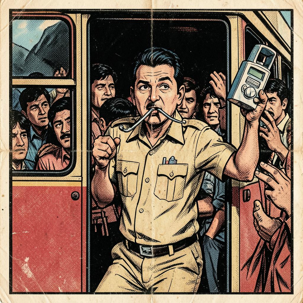 Prabhakar 'Prabhu' Naidu, Conductor, City Route 44-C (Twenty-Six Years, Same Route) — comic-style portrait