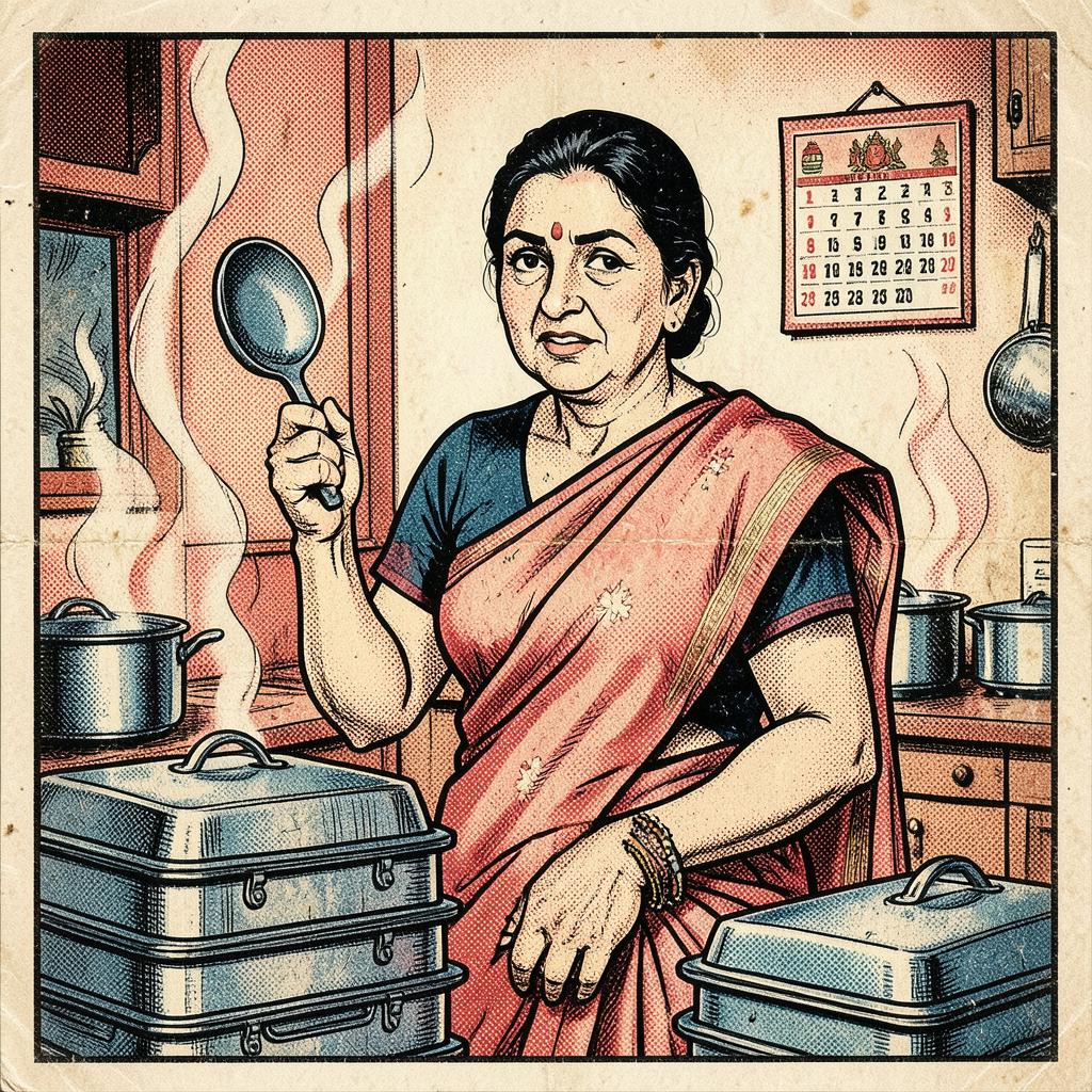 Pushpa Rane, Proprietress, Rane Tiffin Service (Home Delivery, 40 Dabbas Daily) — comic-style portrait