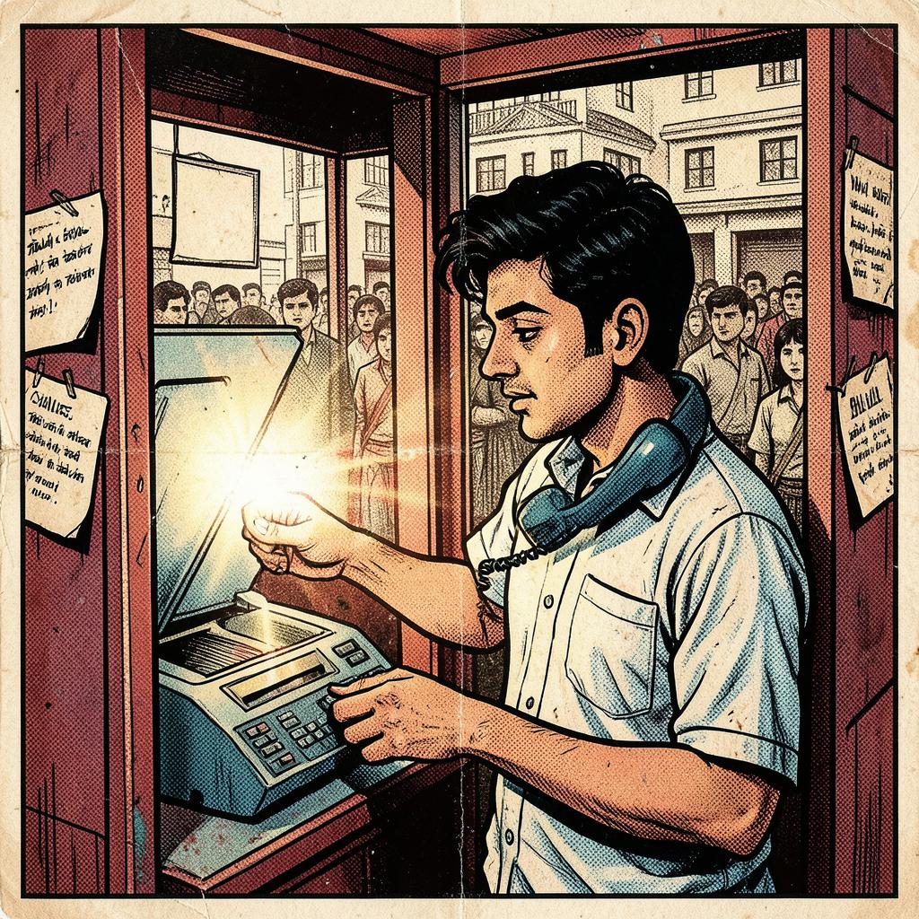Raghav 'Raghu' Tiwari, Photocopy & STD Booth Operator, Court Compound Gate No. 2 — comic-style portrait
