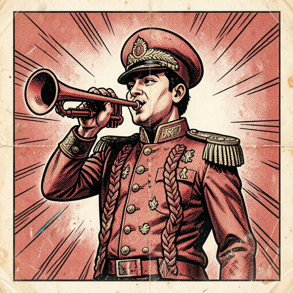 Salim Mirza, Trumpeter, Royal Star Wedding Band (Uniform No. 4) — comic-style portrait
