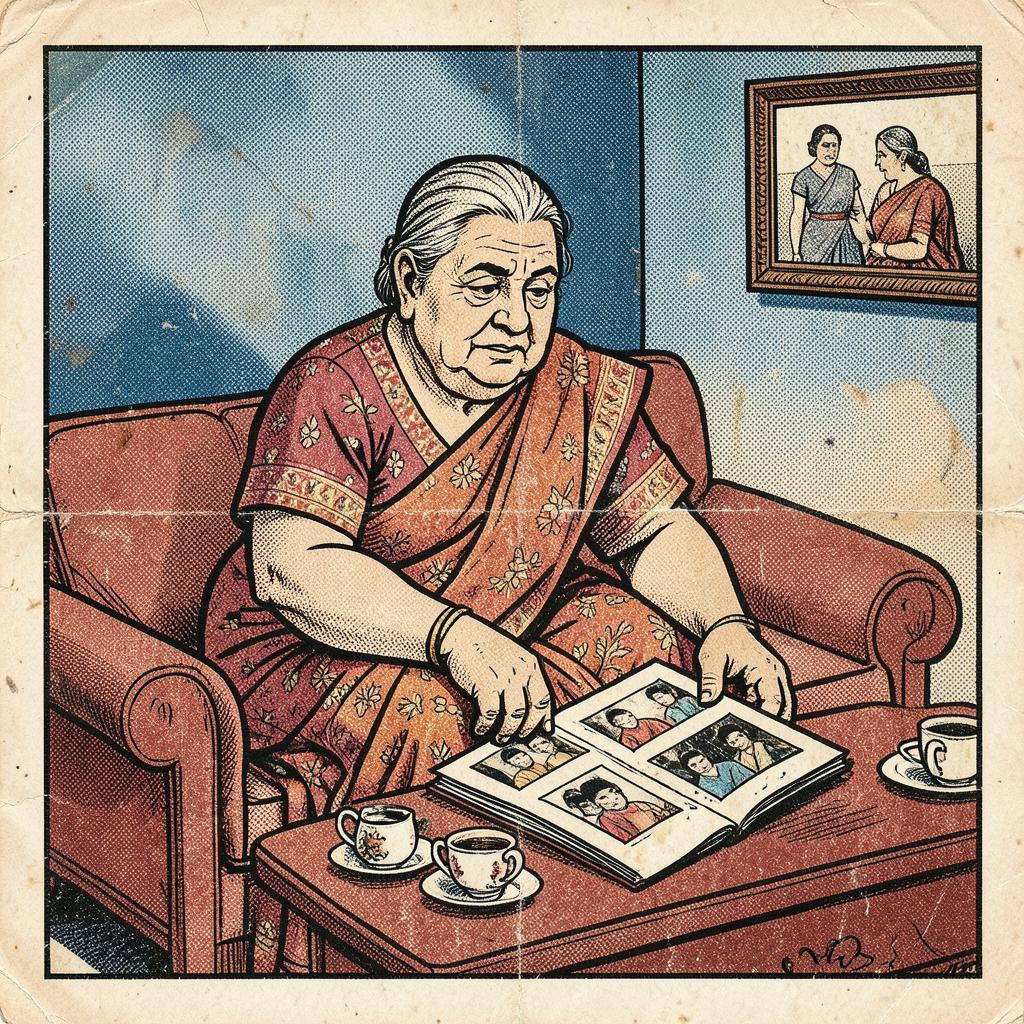 Sarala 'Aunty' Pathak, Marriage Broker & Convenor, Colony Ladies' Committee — comic-style portrait